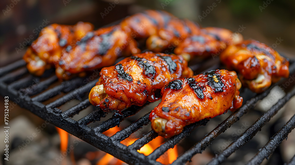 barbecue with delicious grilled chicken wings on fire, closeup view barbecue with delicious grilled chicken wings on fire, closeup view