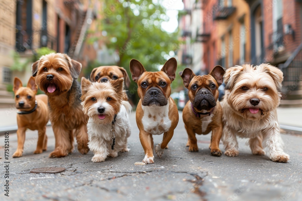 Sunlit urban streets filled with diverse dog breeds on a walk Sunlit urban streets filled with diverse dog breeds on a walk