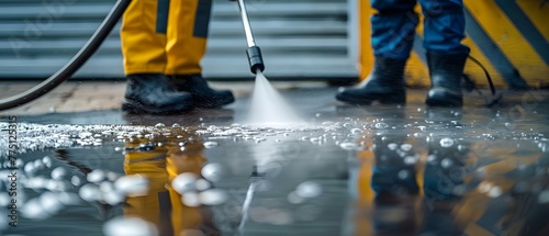 Workers using pressure washer for deep cleaning a driveway providing professional cleaning service. Concept Pressure Washing, Driveway Cleaning, Professional Services, Deep Cleaning, Worker at Work