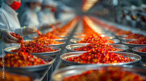 Conveyor belt with red chili peppers in a food factory.