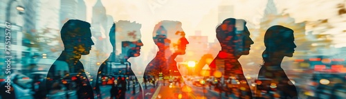 Artistic representation of business professionals as silhouettes in a double exposure effect, blending their active day with the vibrant dynamics of the city environment. photo