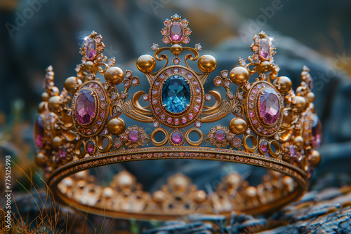 A golden crown adorned with precious gems, symbolizing the queenly role of mothers. Concept of maternal royalty. Generative Ai.