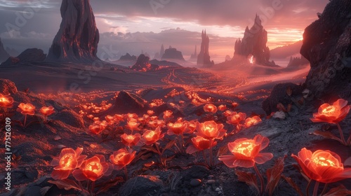 A fantasy scene where fire flowers bloom in a volcanic landscape, casting an eerie glow on the surroundings, under a dusky sky
