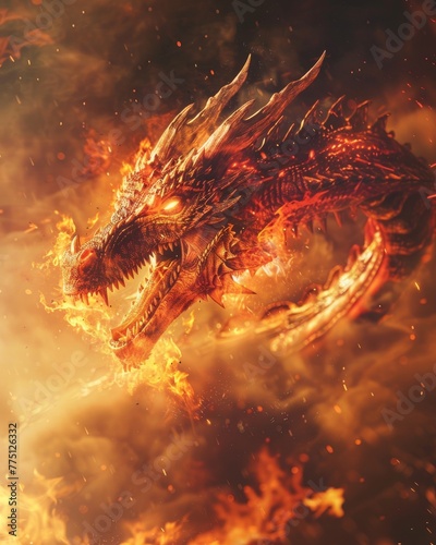 A fiery dragon mid-roar amongst flames, symbolizing power for motivational posters