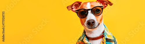 Happy dog in Hawaiian shirt on yellow background with copy space,  large horizontal banner, summer vacation, travel  and  pet concept.