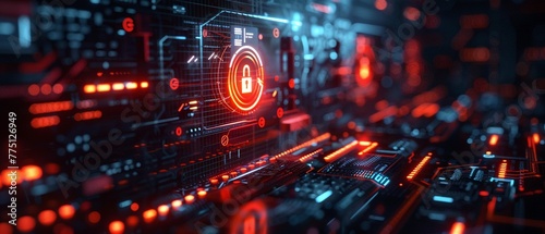 A digital cybersecurity background with a shield icon and binary code trails, 3D vibrant dynamic illustrate