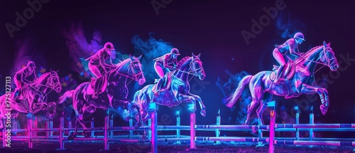 A neon-lit equestrian event, with horses and riders outlined in glowing attire, jumping over luminescent hurdles