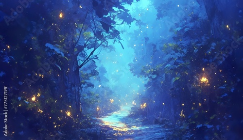 a path leading through dark woods  glowing fireflies