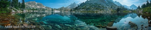 A pristine mountain lake with clear waters, providing a serene and open setting for summer backgrounds with copy space