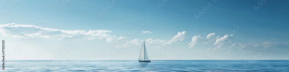 A single yacht on the horizon at sea, offering a minimalist and expansive maritime summer background for clean designs