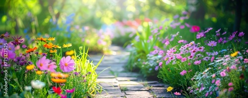 A simple garden path with summer flowers, offering a quaint and charming background with room for textual elements photo