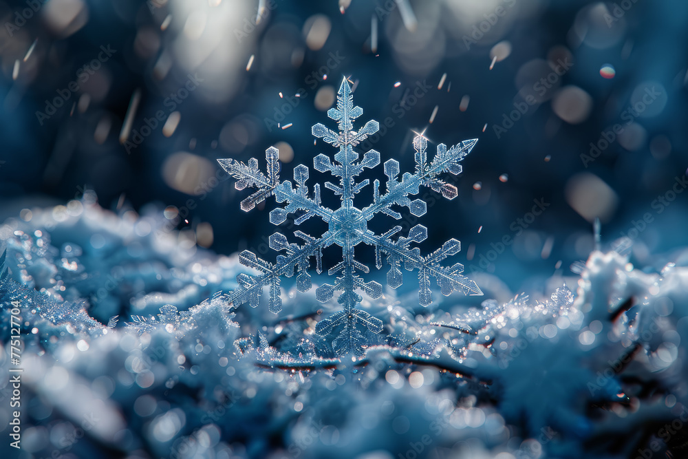 A delicate snowflake falling from the sky, symbolizing maternal uniqueness and individuality. Concept of maternal specialness. Generative Ai.