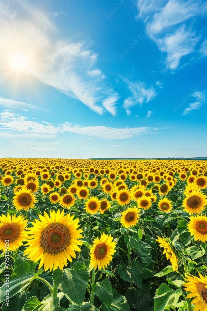 Obraz premium A sunflower field under a clear blue sky, offering a cheerful and bright summer landscape for joyful designs