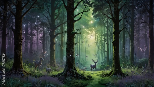 A whimsical forest scene with magical creatures  highlighted in luminous greens  soft lavenders  and sparkling silvers Generative AI