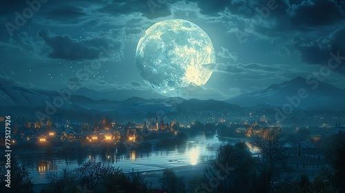 A full moon casting its ethereal glow over a sleeping town