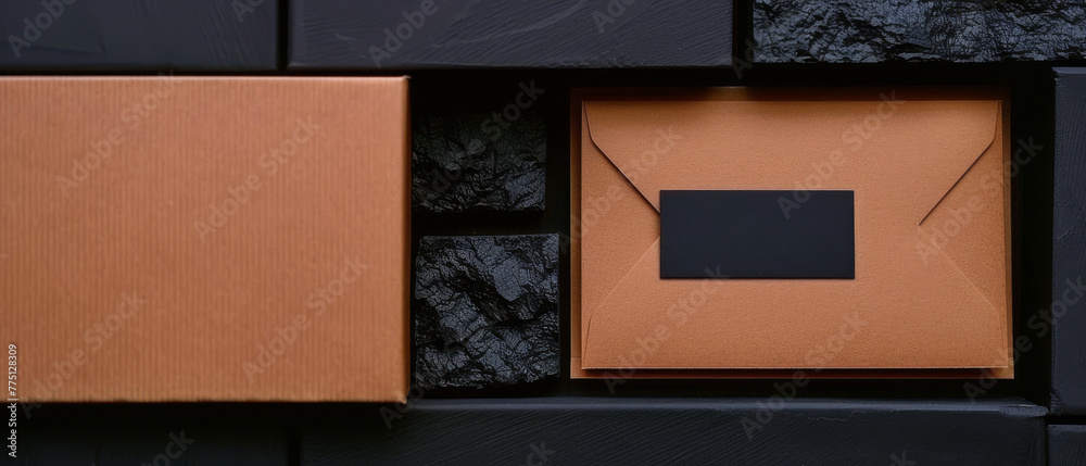 Fototapeta premium A brown box with a black label sits in front of a black box