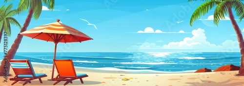 Beach summer landscape with chairs and an umbrella on the sea beach of a vacation background with copy space Generative AI