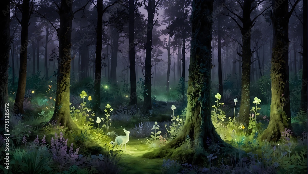 Obraz premium A whimsical forest scene with magical creatures, highlighted in luminous greens, soft lavenders, and sparkling silvers Generative AI