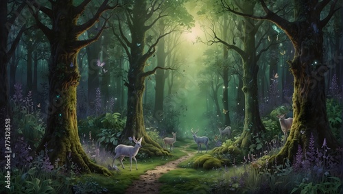 A whimsical forest scene with magical creatures, highlighted in luminous greens, soft lavenders, and sparkling silvers Generative AI