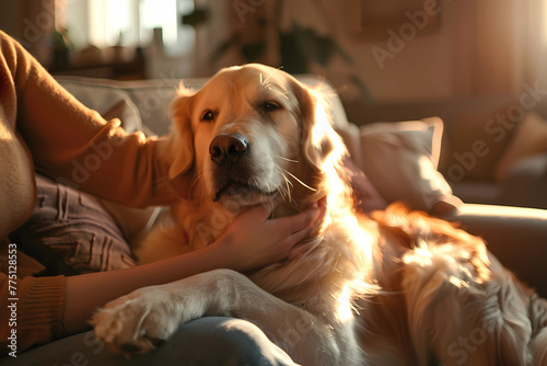 A woman is petting her golden retriever dog