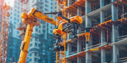 An automated construction site, with drones and robots collaborating to build structures faster and safer than ever before