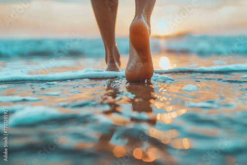 Close up of the bare feet of a person walking on beautiful beach sand, therapy and reduce stress in living and investing and doing business