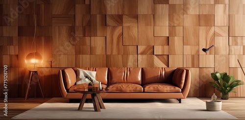 Luxurious design of a living room with a leather sofa in an environment decorated in brown and ocher tones with wood on the walls. © HC FOTOSTUDIO