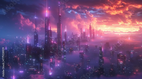 A futuristic metropolis skyline ablaze with neon lights and dazzling skyscrapers