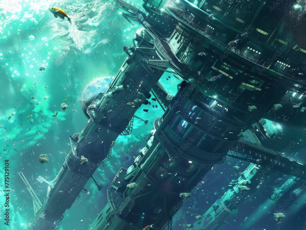 An underwater space elevator connecting Earth to a floating space station, with bioluminescent sea creatures swimming around