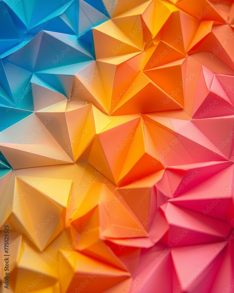 Close-up of a 3D origami paper texture, with intricate folds and bright colors, perfect for a unique and cute advertising background