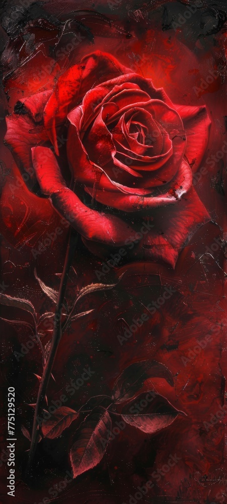Close-up of a red rose with its edges smoldering, against a dark, romantic setting, evoking a sense of fleeting beauty and intense passion