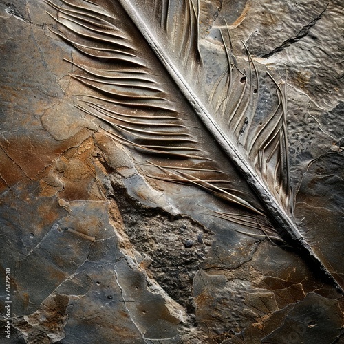 Closeup of a fossilized dinosaur feather, emphasizing the link between dinosaurs and birds, great for evolutionary biology photo
