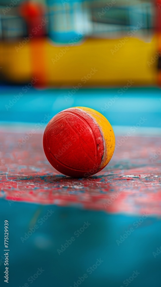 Detailed shot of a dodgeball on the gym floor, with the vibrant color and texture in sharp focus