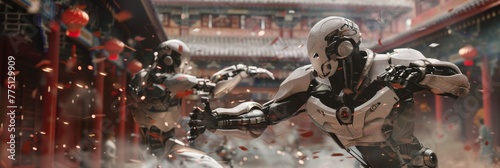 Cyborg performing fluid kung fu sequences, with detailed mechanical joints and traditional Chinese dojo elements, capturing the essence of futuristic combat photo