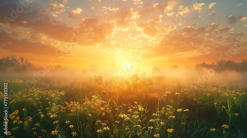 A golden sunrise over a misty meadow - morning tranquility