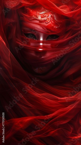 Red silk ripples behind a ghostly mask, a powerful image for an upscale masquerade event