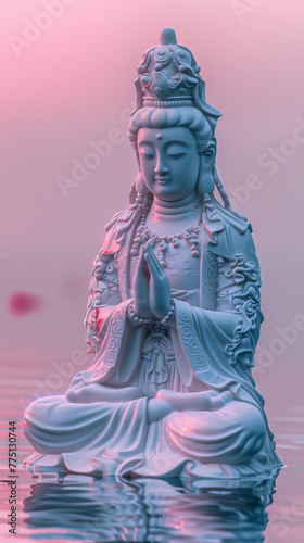 A serene image of Guanyin, the Bodhisattva of compassion, in a tranquil pose against a pink background. photo