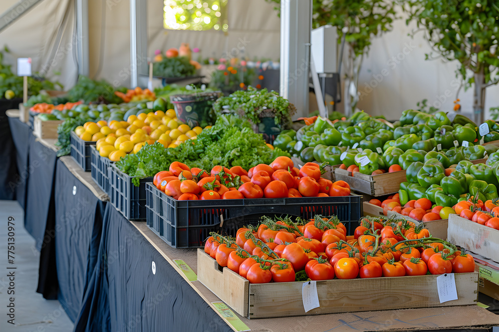 A market with a variety of fruits and vegetables on display. The market is open and the produce is fresh. Generative AI A market with a variety of fruits and vegetables on display. The market is open and the produce is fresh. Generative AI