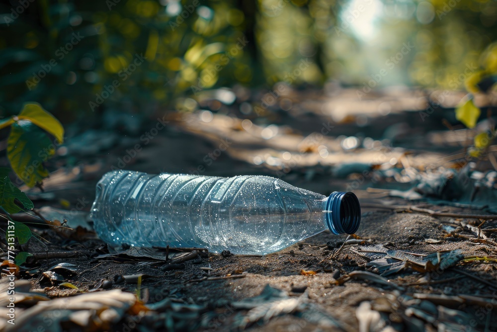 Obraz premium Closeup of an empty plastic bottle lying on the ground in nature