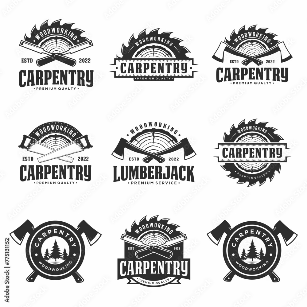 Set of vintage carpentry logos and lumberjack logo design templates