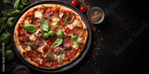 Top view of Diablo pizza with tomato sauce, mozzarella, spicy salami, peppers, and onion, with copy space, dark concrete background Menu concept. Delicious tasty Italian food diet