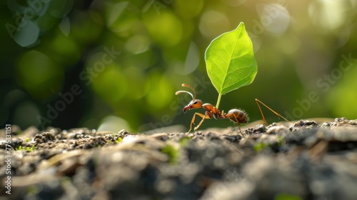 ant carrying a green leaf to its nest in high resolution and high quality. animals concept