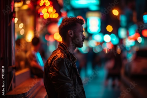 Handsome young man walking in the city street at night.