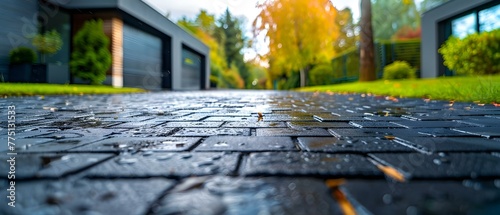 Closeup of brick sealant protecting driveway in modern home build. Concept Home Renovation, Driveway Sealant, Modern Design, Close-Up Photography photo