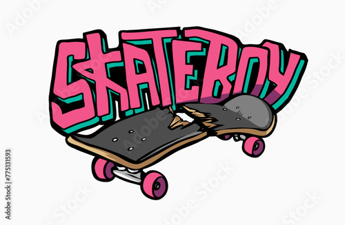 skate boy slogan with broken skateboard graphic hand drawn vector illustration
