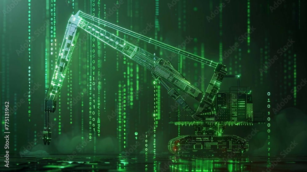 digital green  crane with glowing data streams symbolizes the utilization of ai in heavy machinery operation and industrial logistics, improving safety and efficiency in construction.