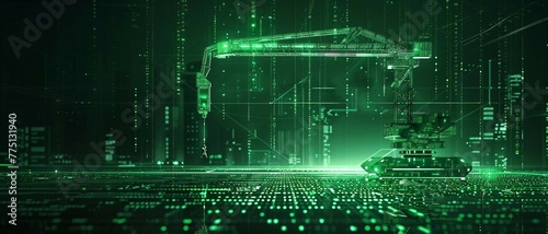 digital green crane with glowing data streams symbolizes the utilization of ai in heavy machinery operation and industrial logistics, improving safety and efficiency in construction.
