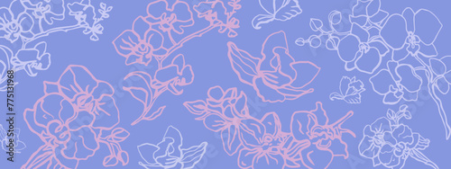 Isolated hand drawn vector orchid flowers. Outline sketch. Pink and purple orchid flower branch with buds and flowers on a blue background. Romantic. Floral banner.