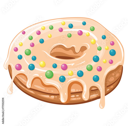 Delicious fresh donut with glossy white glaze and decorated with colorful sprinkles. Vector isolated image. Delicious sweet pastries. Donut advertisement