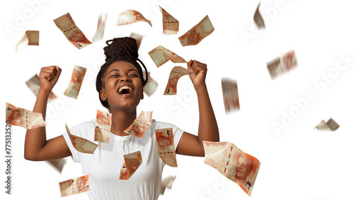 South african rand notes falling, raining on young black African woman with braids excited amazed suprised jubilating with hands in the air, winner celebration over transparent background, copy space